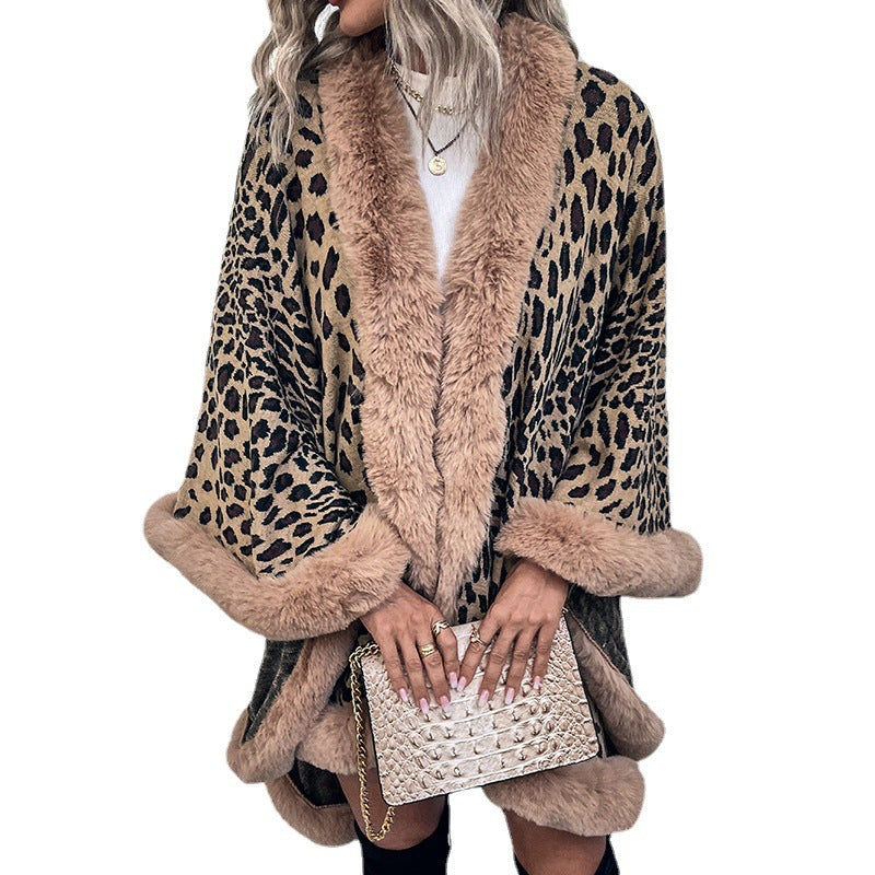 Women's cozy poncho with luxurious faux fur trim and leopard print