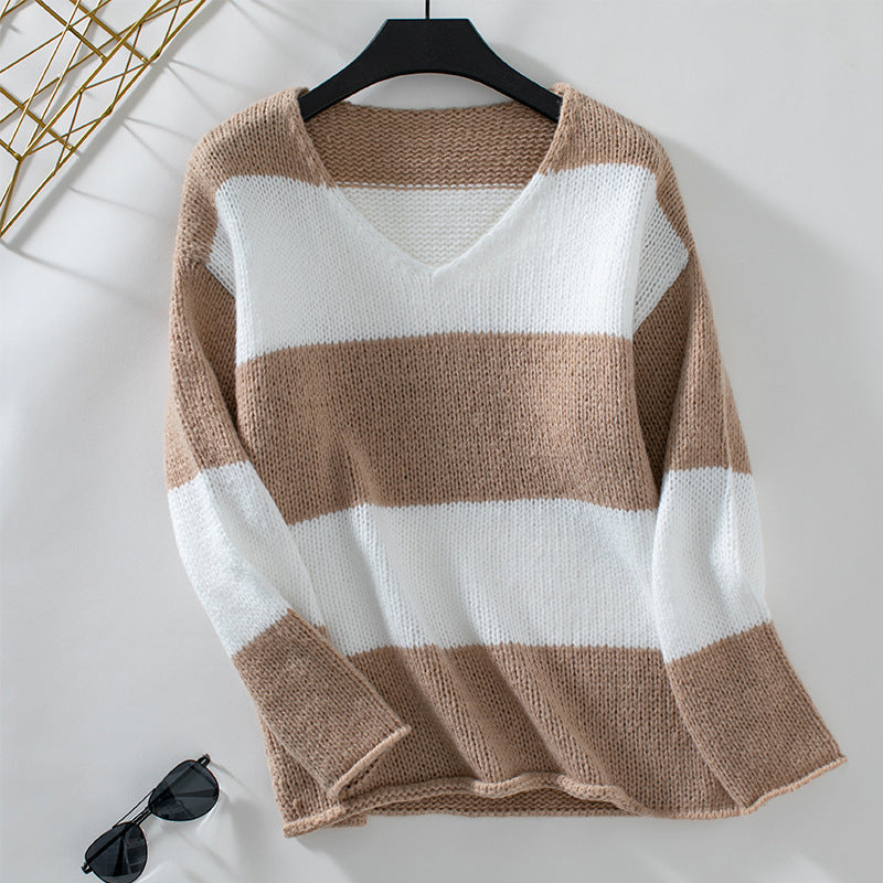 Women's casual V-neck knitted pullover with generous stripe pattern