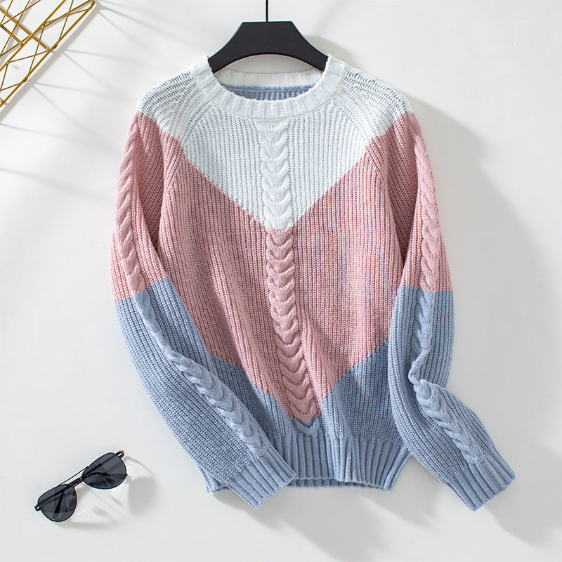 Ladies fashionable knit pullover with geometric pattern and cable ribs