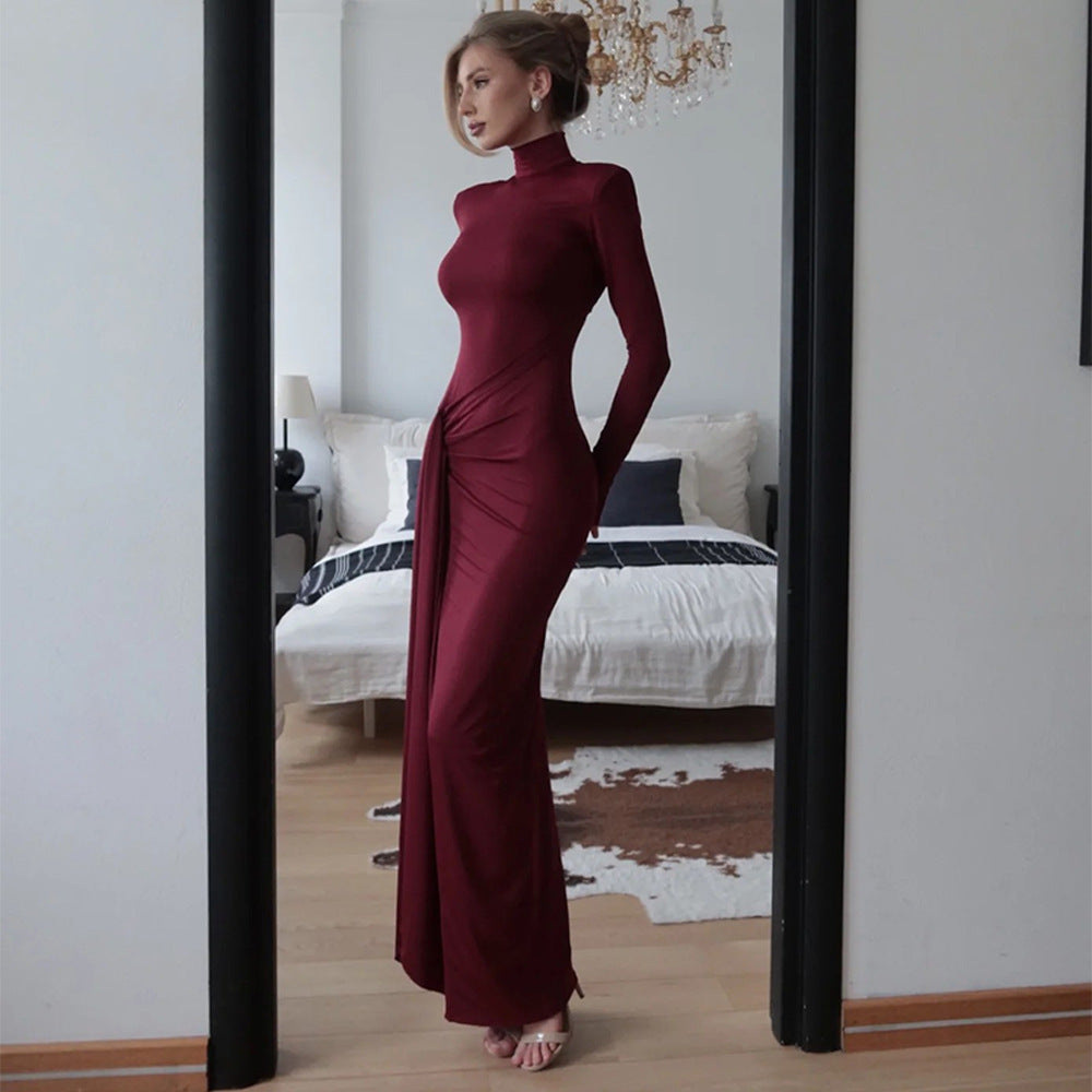 Women's Chic Maxi Dress with High Collar and Sophisticated Draping Design
