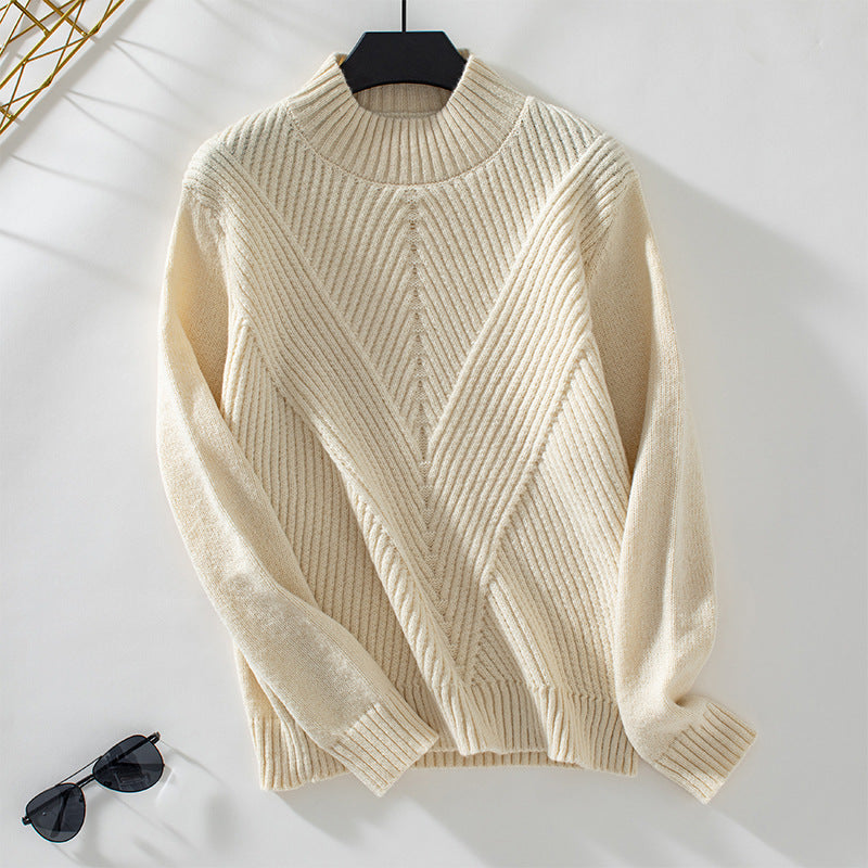 Ladies fashionable knitted pullover with high collar and V-design