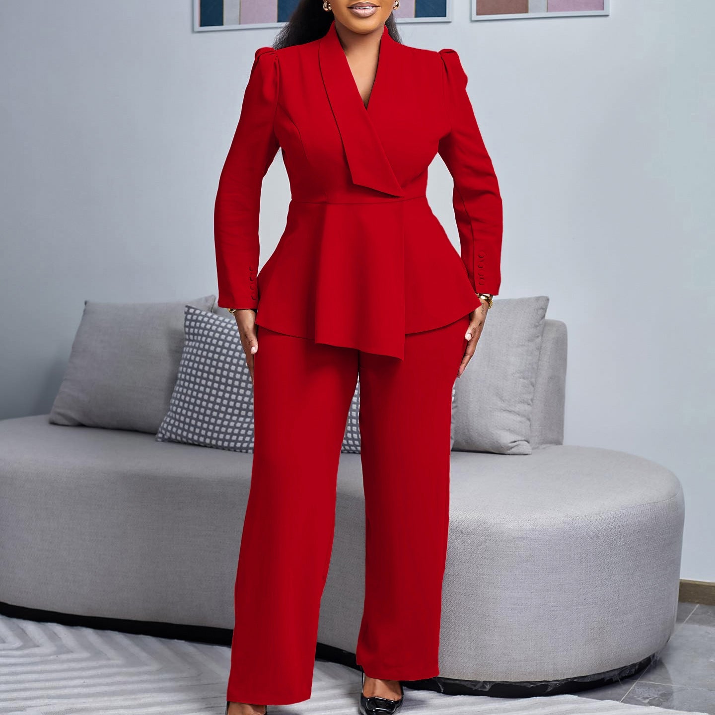 Women's suit with elegant blazer and wide pant leg