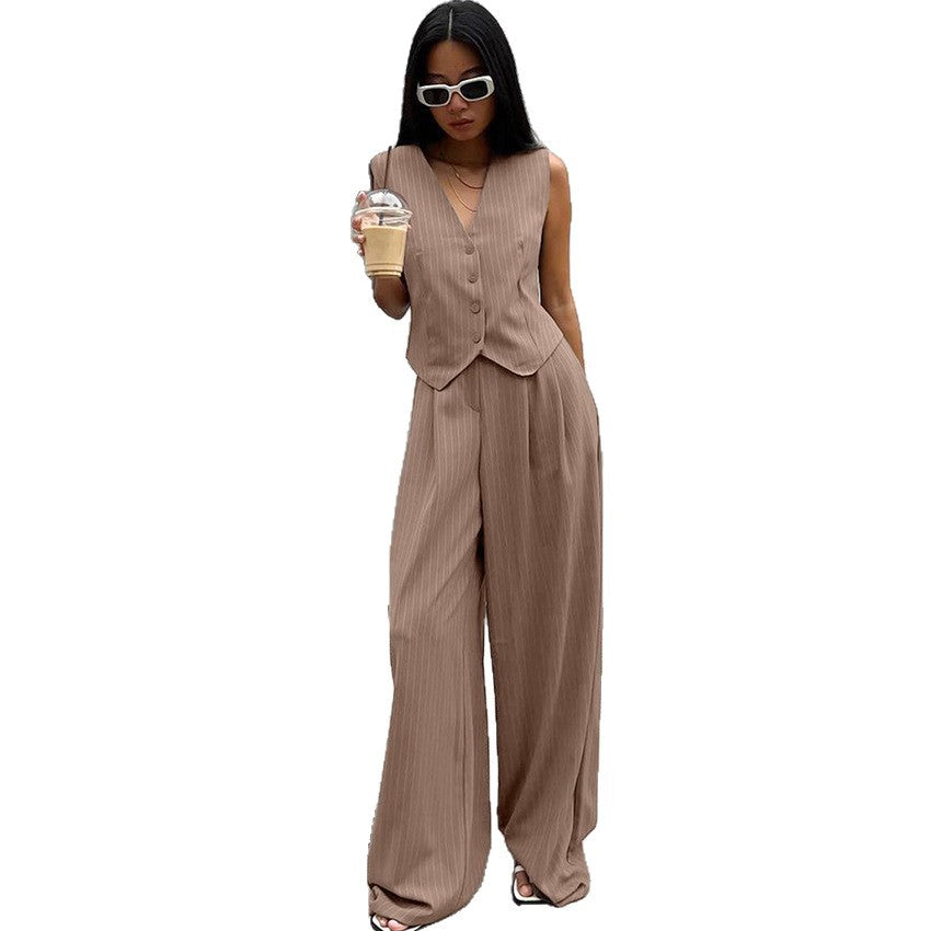 Ladies Elegant Two-Piece Suit Set with Wide Leg and Gathered Top