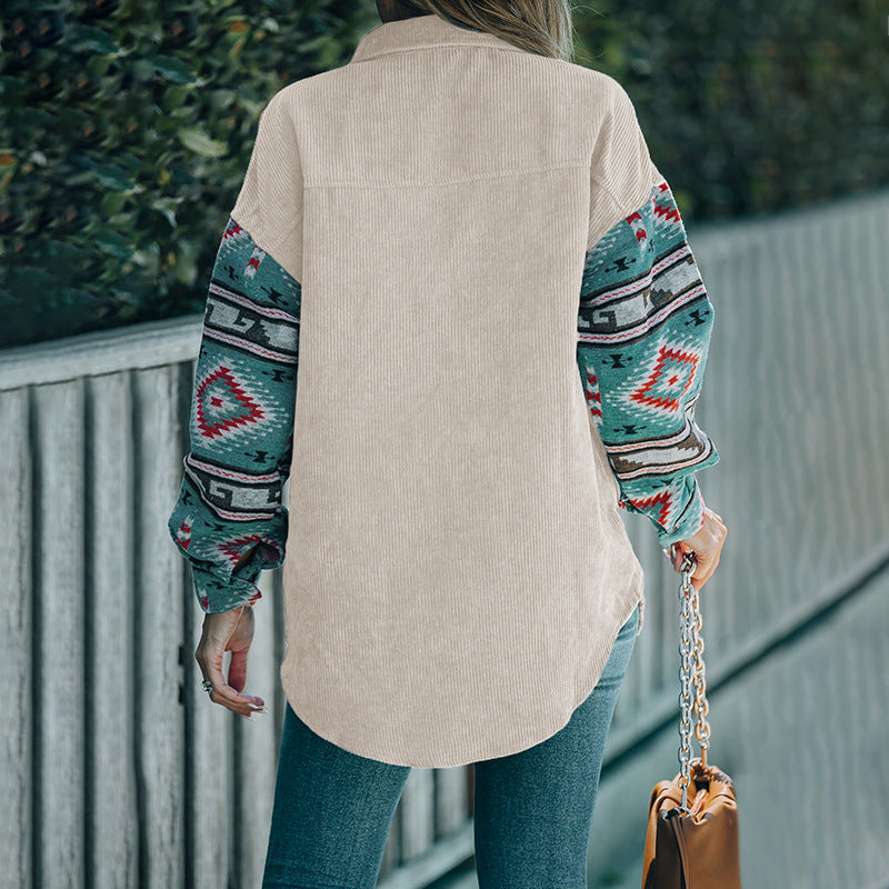 Ladies cord jacket with decorative ethnic pattern