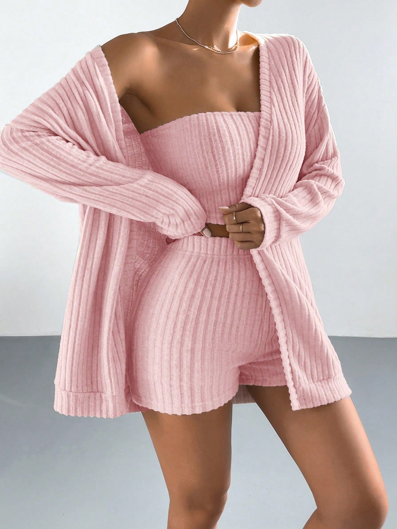 Ladies loungewear set with textured rib look and open cardigan