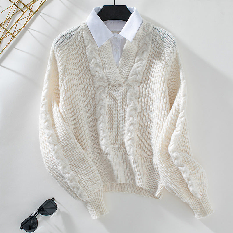 Women's knitted pullover with cable design and modern collar