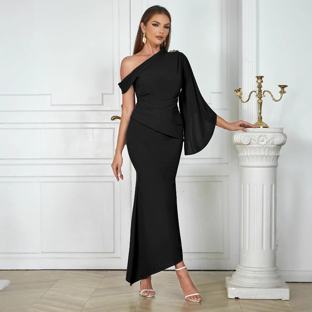 Ladies Elegant Maxi Dress with Asymmetric Cut and Dramatic Sleeve