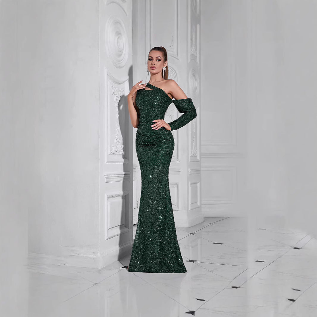 Women's Glamorous Evening Dress with Asymmetric Cut-Out and Sparkling Sequins
