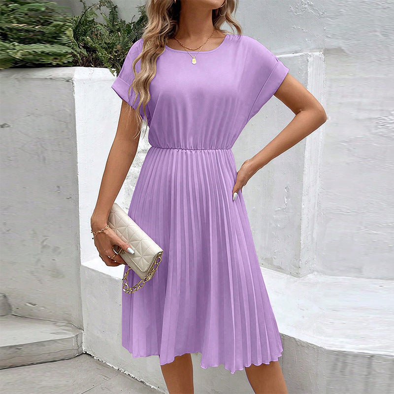 Women's Pleated Midi Dress with Elastic Waist and Short Sleeves