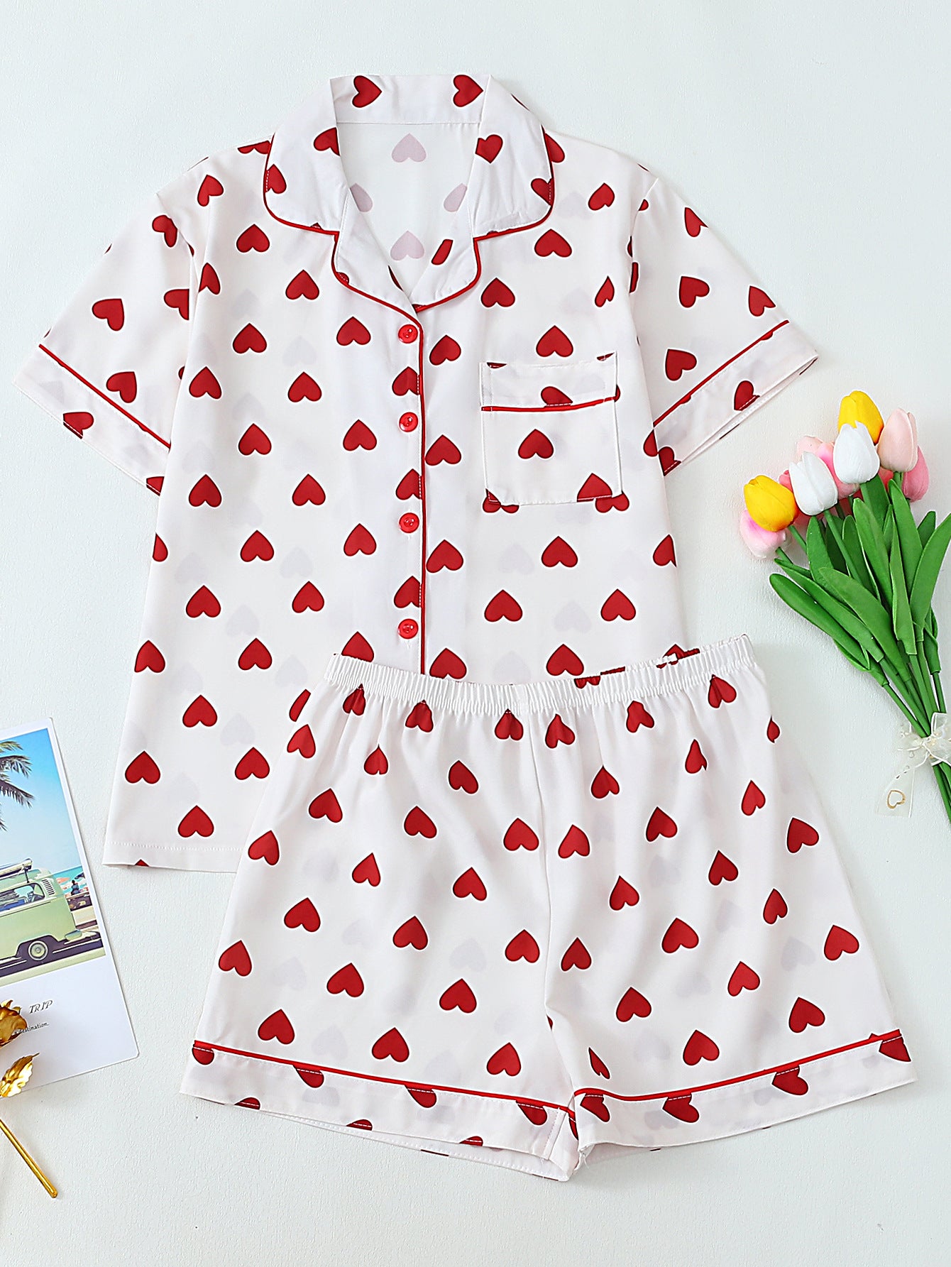 Women's pajama set with hearts and fine stripes