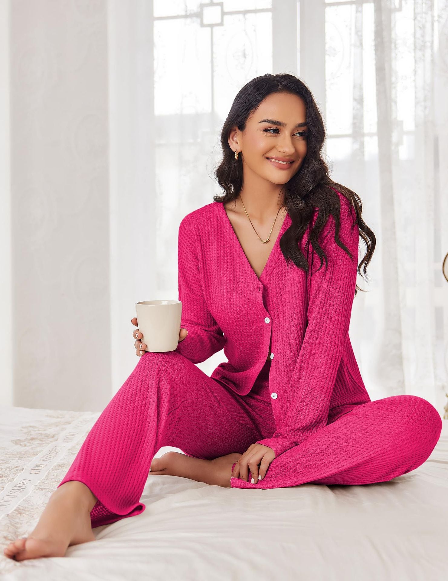 Women's pajama set with long sleeves and button placket