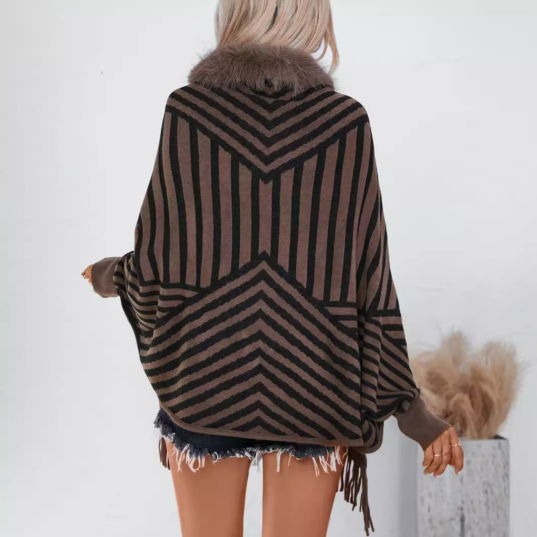 Women's Knit Poncho with Elegant Faux Fur Collar and Fringed Design