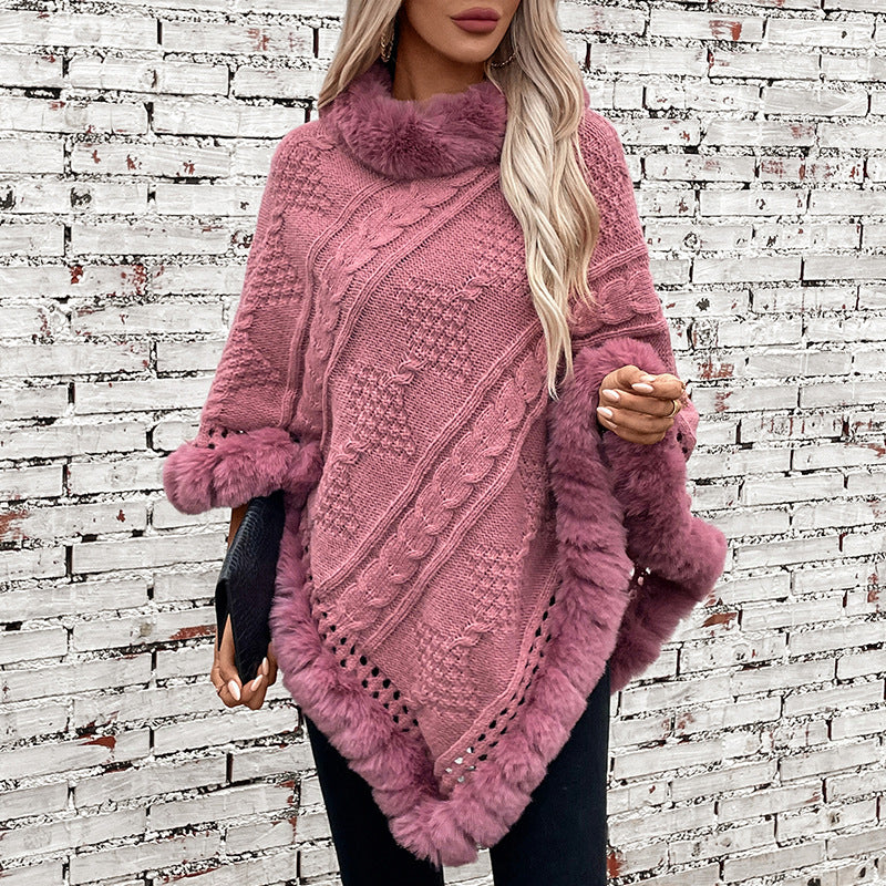 Women's cozy knitted poncho with velvety fur trim