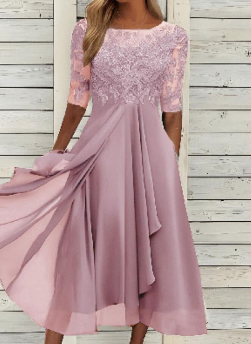 Women's elegant cocktail dress with floral lace top and flowing skirt