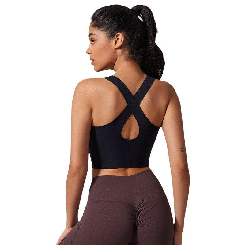 Women's sports bra with elegant cross-back design and breathable function