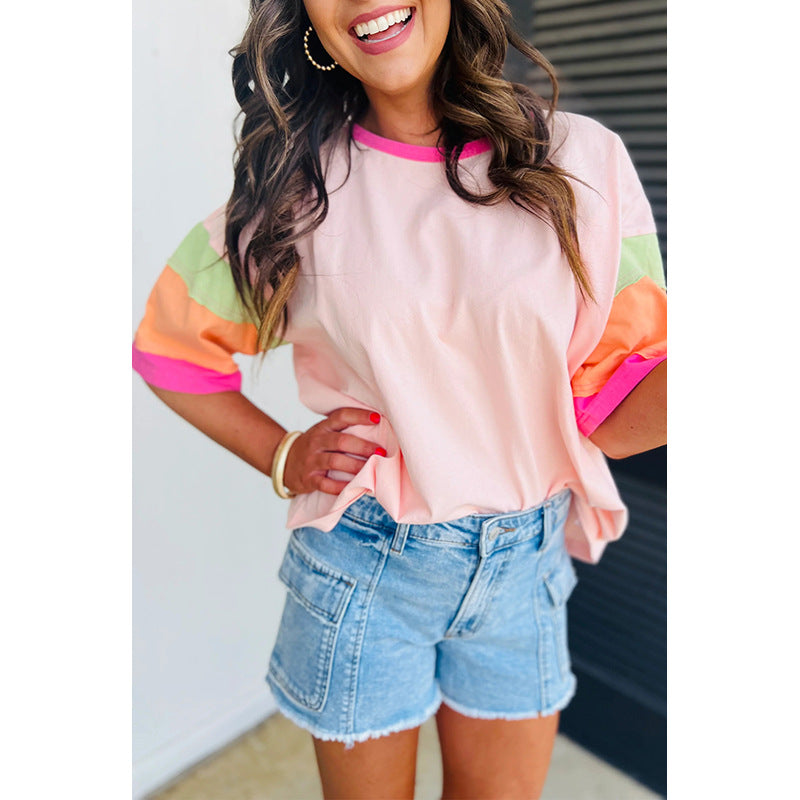 Women's Casual T-Shirt with Colorful Sleeves