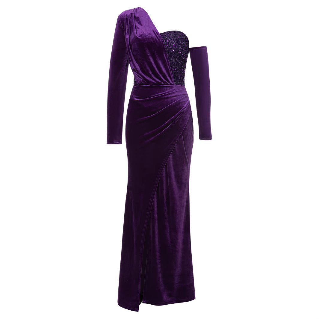 Women's Glamorous Evening Dress with Asymmetric Design and Sparkling Accents