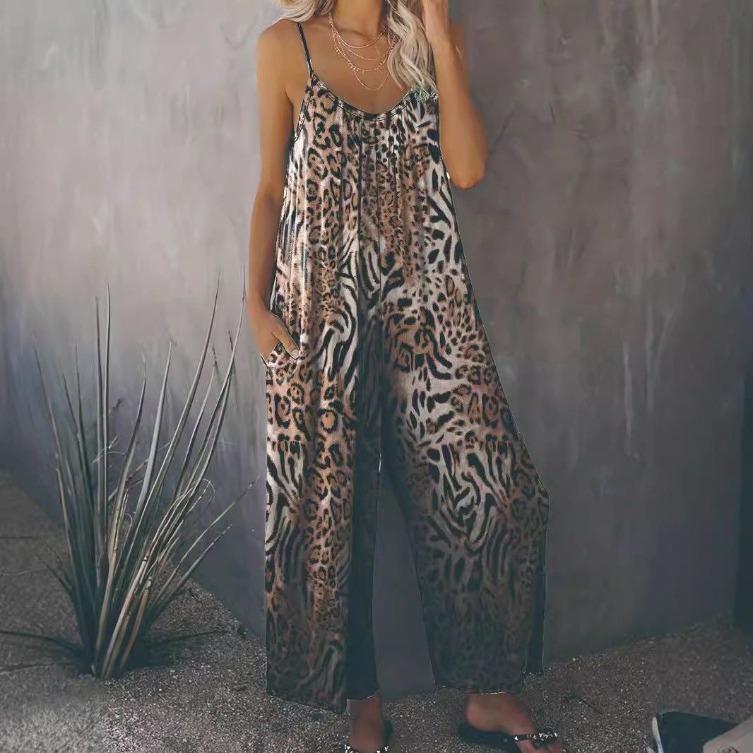 Women's Loose Jumpsuit with Animal Print and Practical Pockets