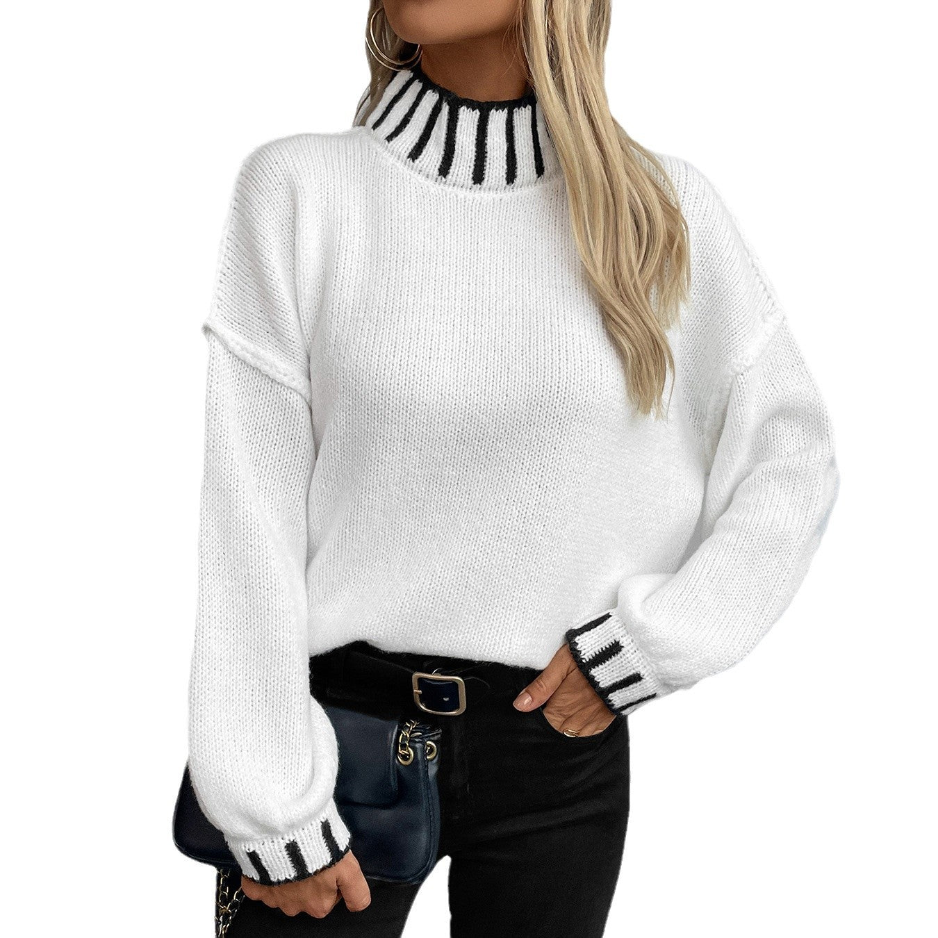 Ladies fashionable pullover with high collar and contrasting cuffs
