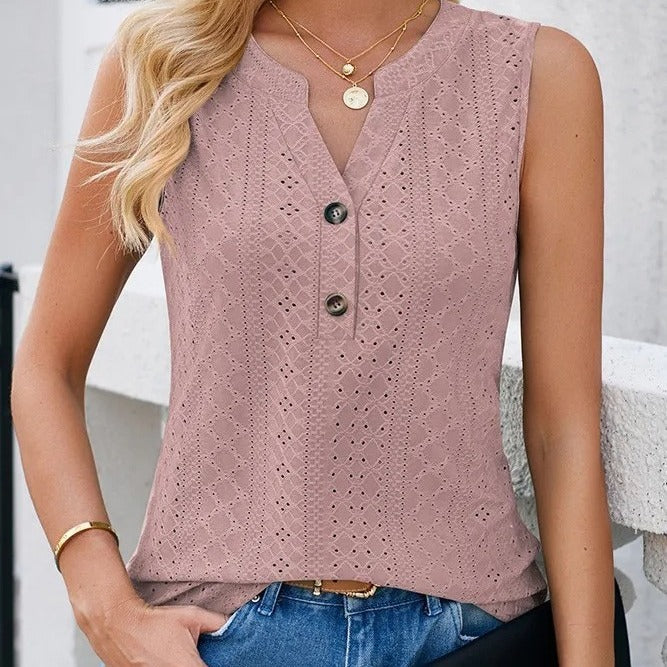 Women's sleeveless blouse top with button-decorated details and fine lace pattern