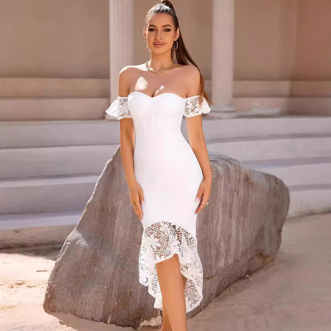Ladies Elegant Lace Dress with Off-Shoulder Design and Figure-Fitting Corset