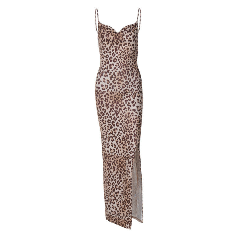 Ladies Elegant Maxi Dress with Leopard Print and Sexy Split