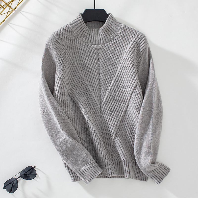 Ladies fashionable knitted pullover with high collar and V-design