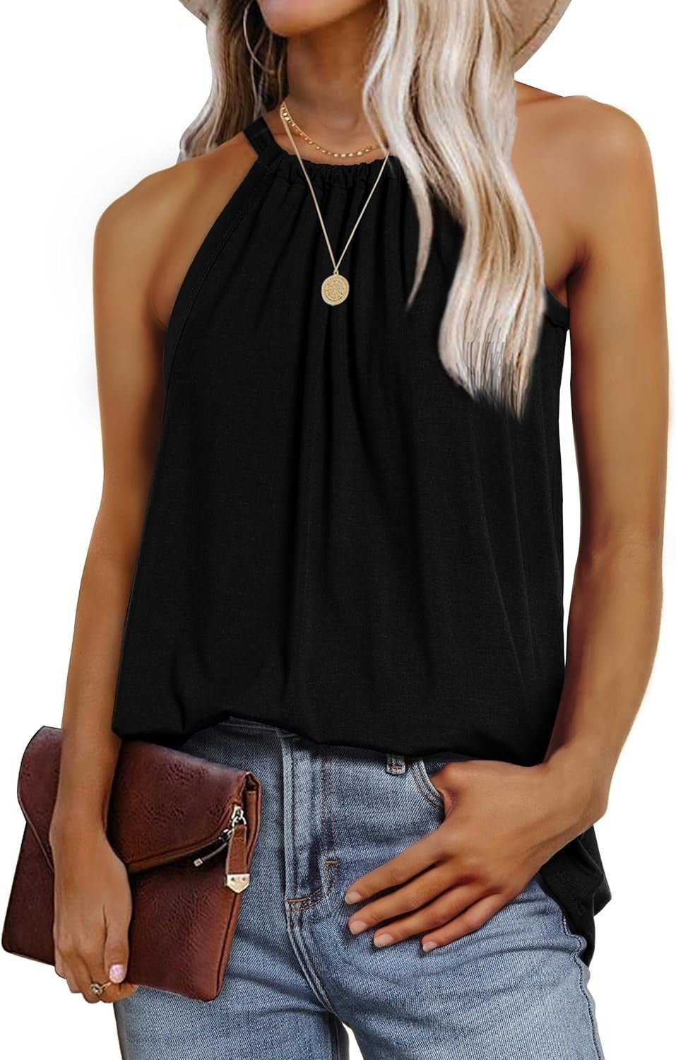 Women's sleeveless blouse shirt with stylish high collar and loose fit
