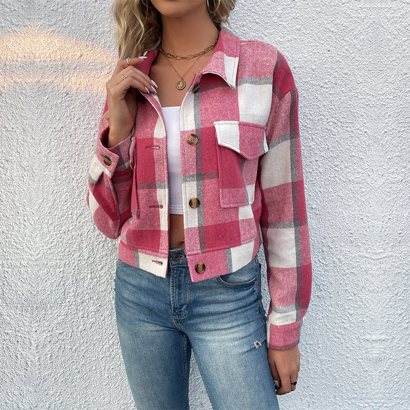 Women's Checked Denim Jacket with Buttons and Chest Pockets