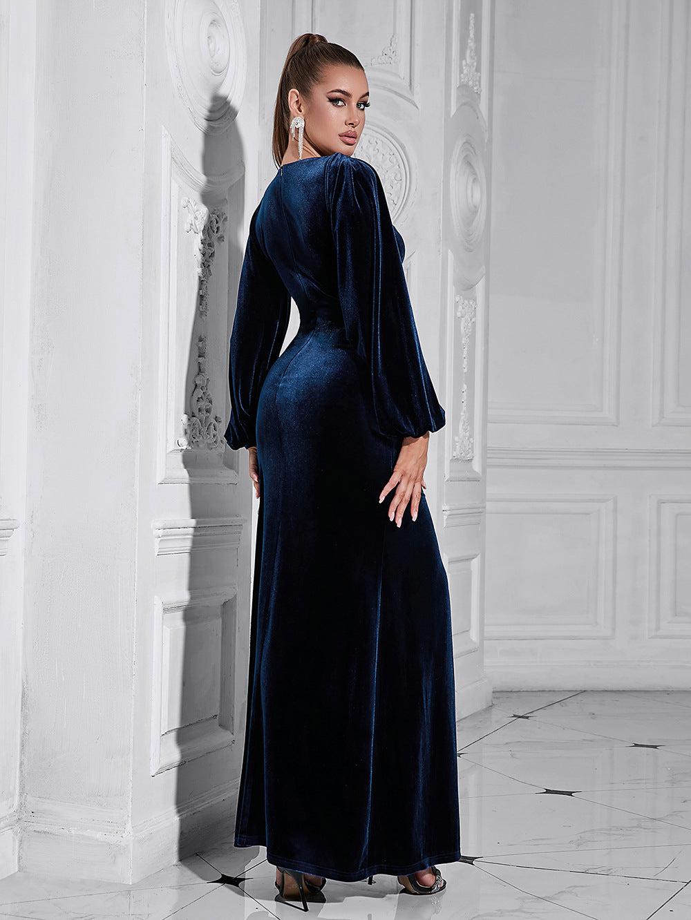 Women Elegant Velvet Dress with Deep V-Neck and Long Puff Sleeves