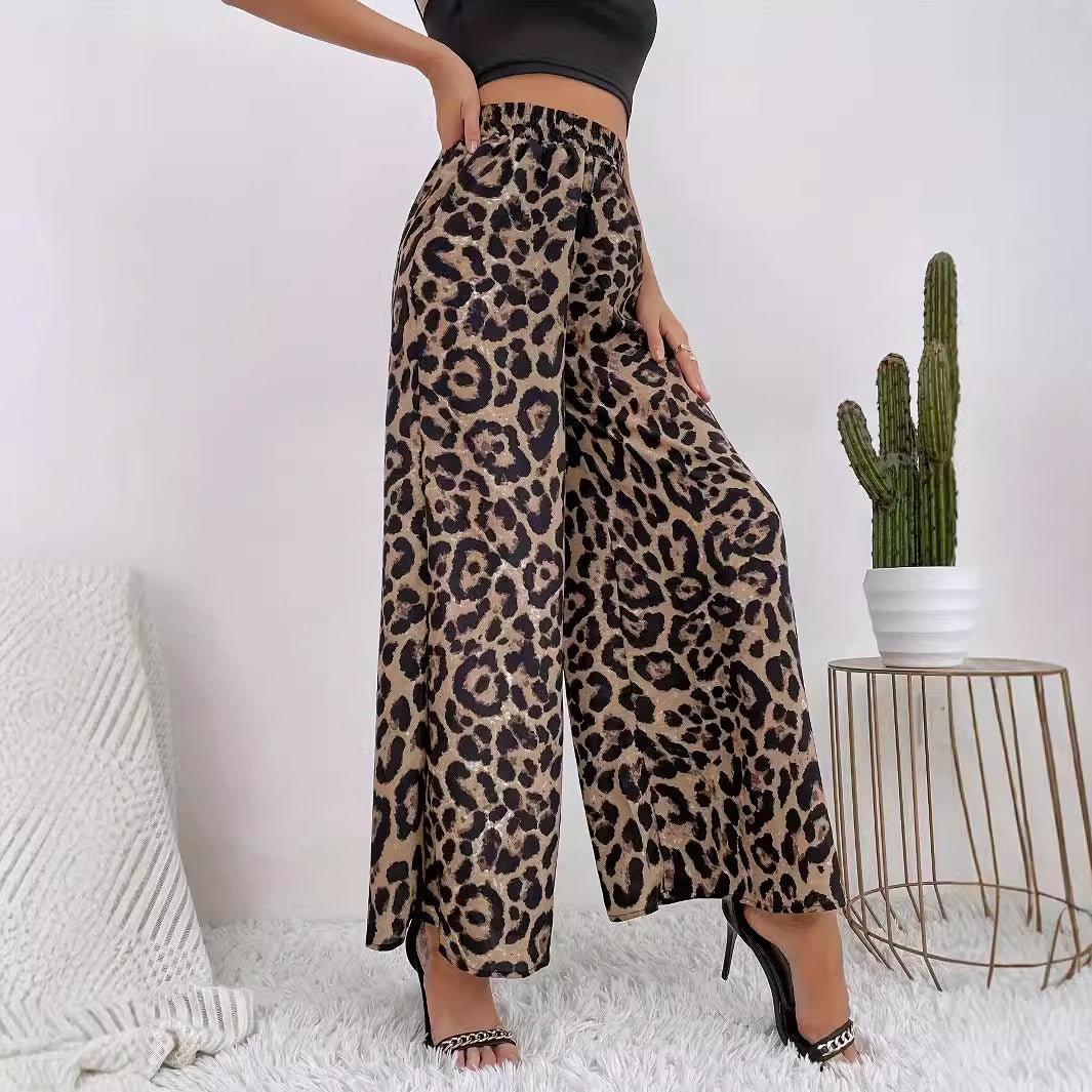 Women's Wide Leopard Pants made of flowing material with elastic waistband