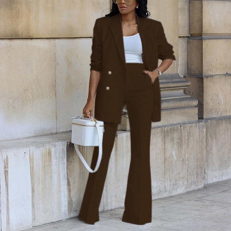 Ladies Elegant Two-Piece Suit Set with Wide-Leg Pants and Fashionable Blazer