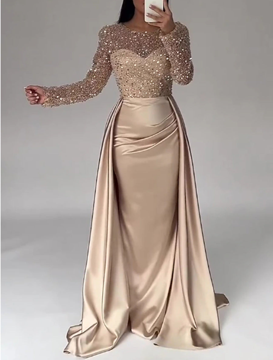 Women's Glamorous Evening Dress with Sparkling Beads and Flowing Skirt