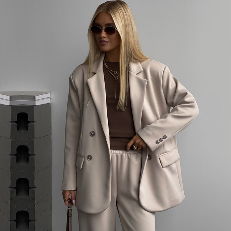 Women's elegant and casual suit set with double button placket and wide leg