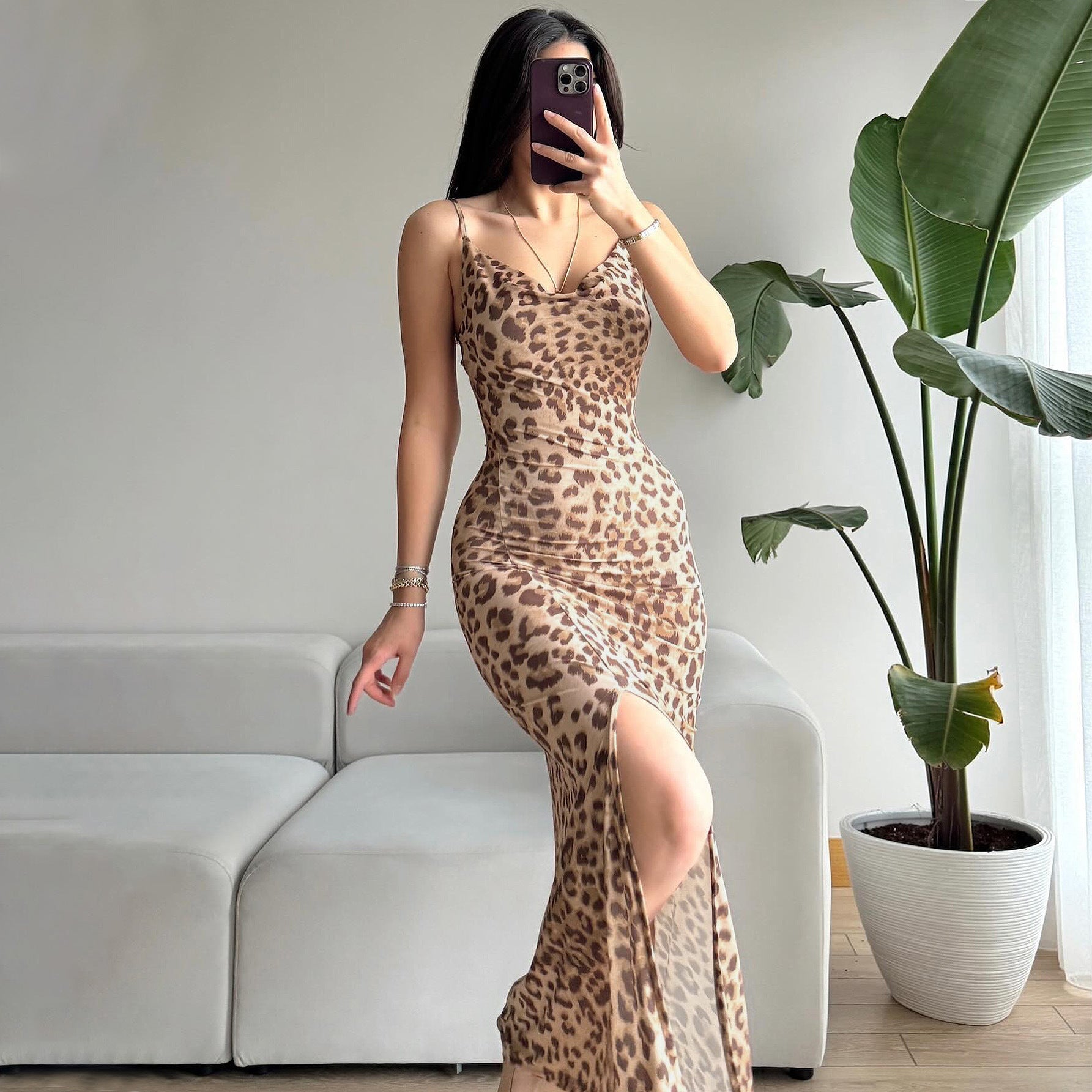 Ladies Elegant Maxi Dress with Leopard Print and Sexy Split