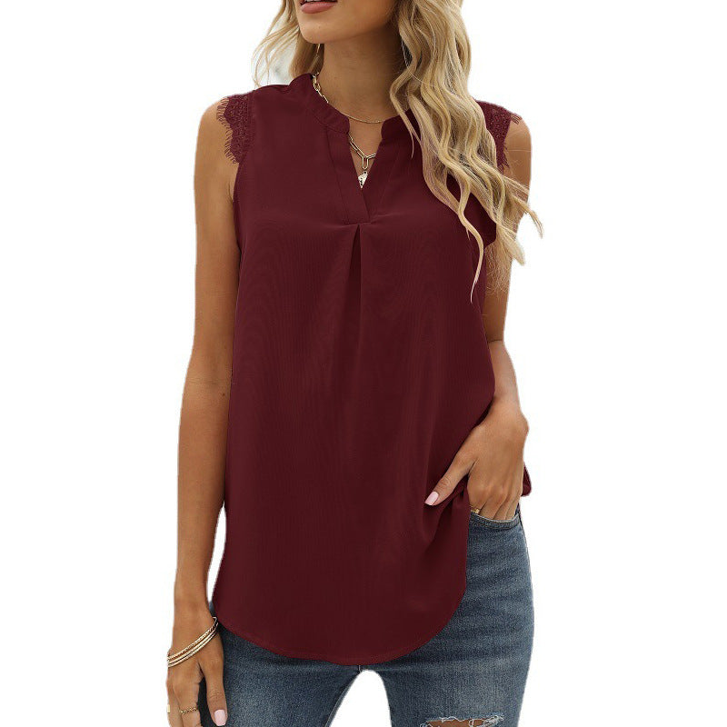 Women's sleeveless blouse shirt with elegant lace insert and fashionable pleats