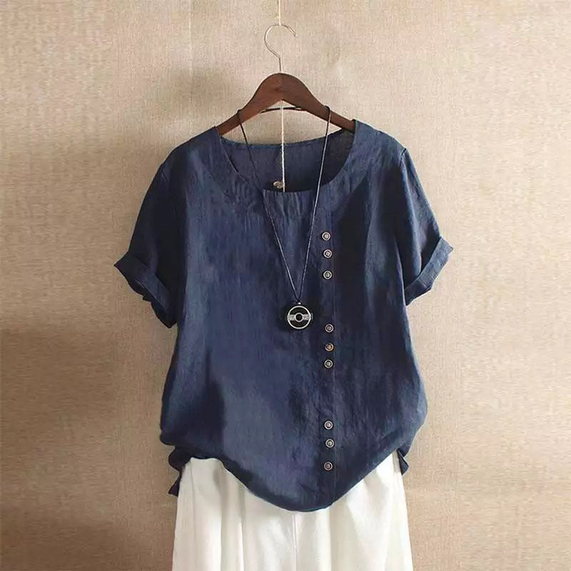 Women's casual linen blouse with convertible sleeves and button details