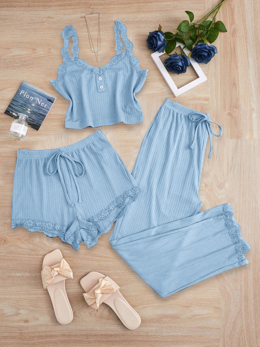 Women's Fashion Pajama Set with Lace Accents