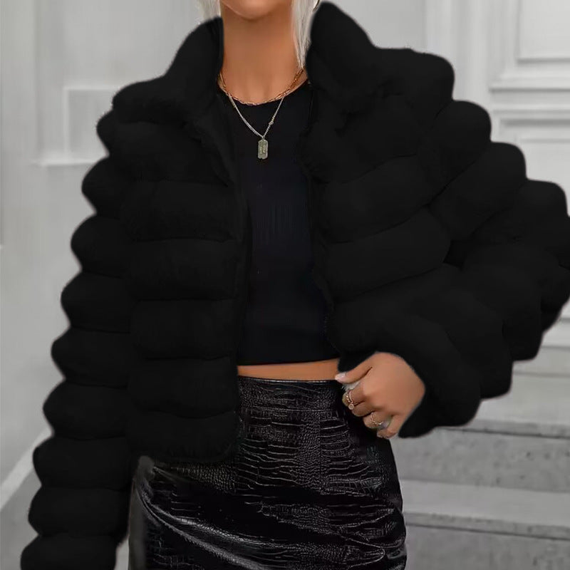 Women's Short, Quilted Faux Fur Jacket with High Collar