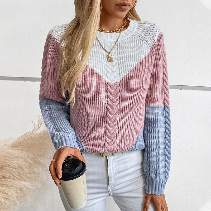 Ladies fashionable knit pullover with geometric pattern and cable ribs
