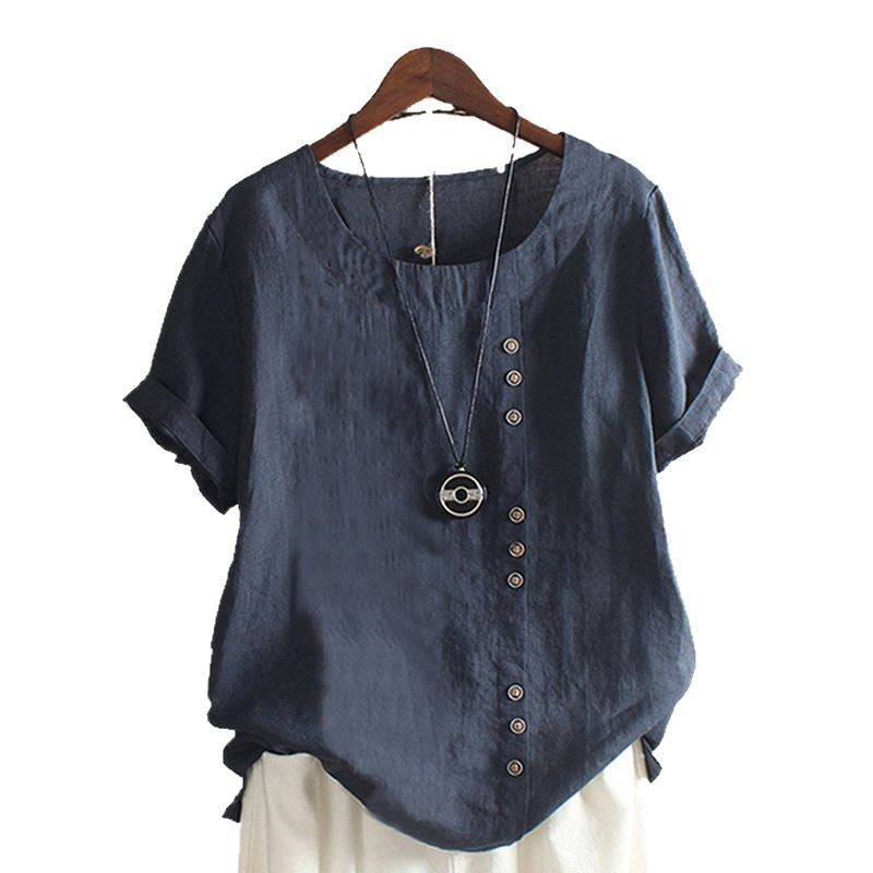 Women's casual linen blouse with convertible sleeves and button details