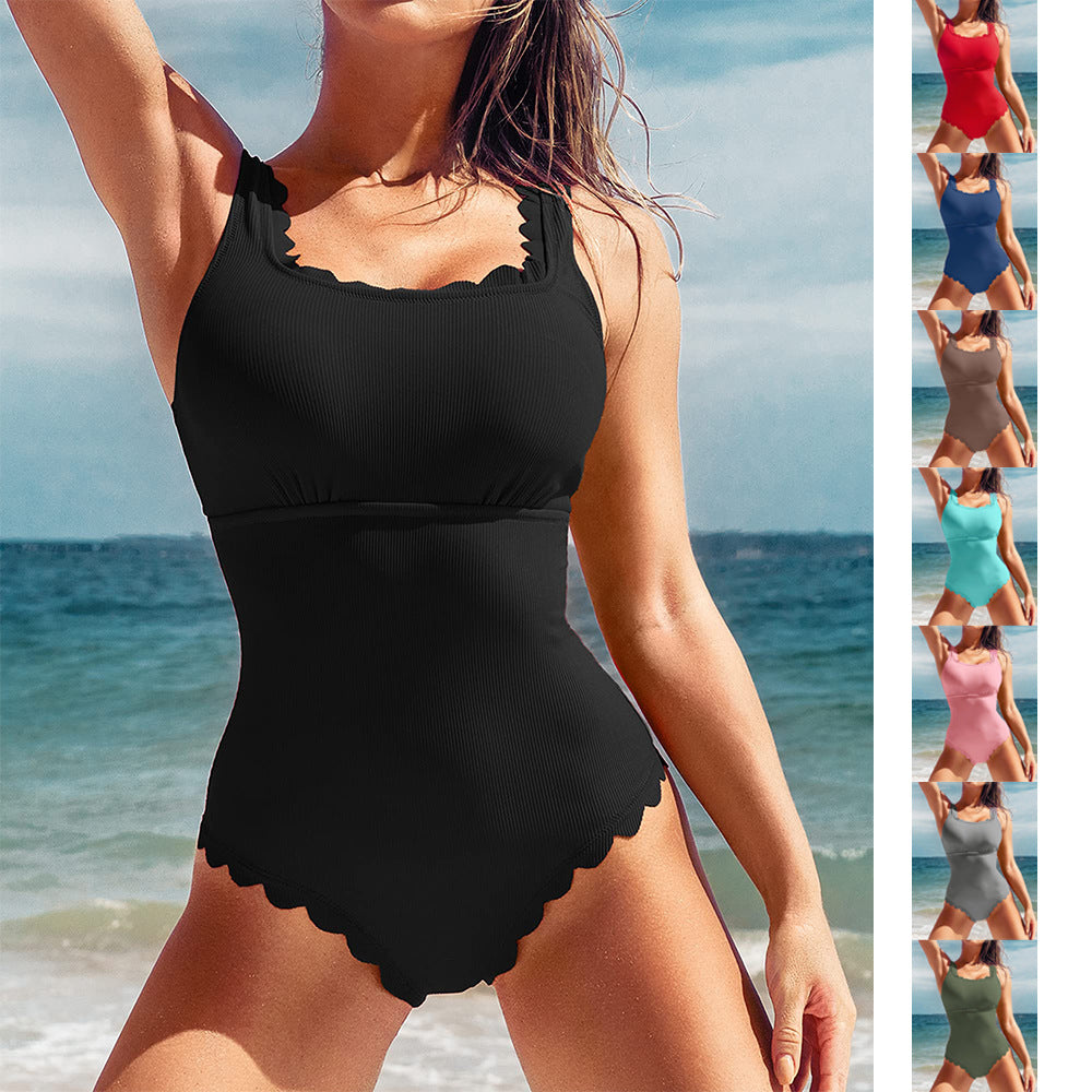 Women wavy design rib knit one-piece swimsuit