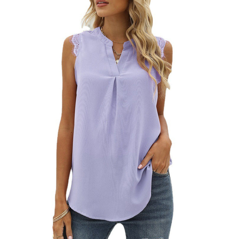 Women's sleeveless blouse shirt with elegant lace insert and fashionable pleats
