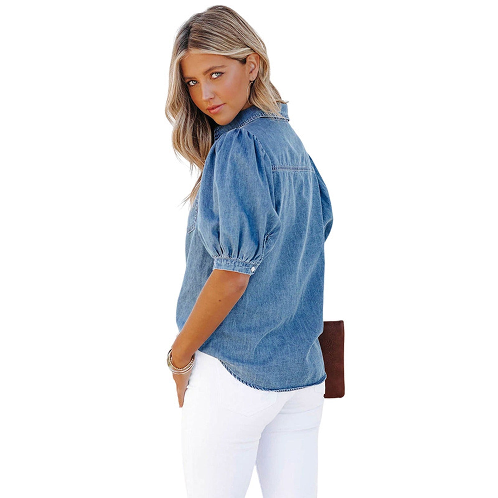 Women's denim shirt with puff sleeves and patch chest pocket