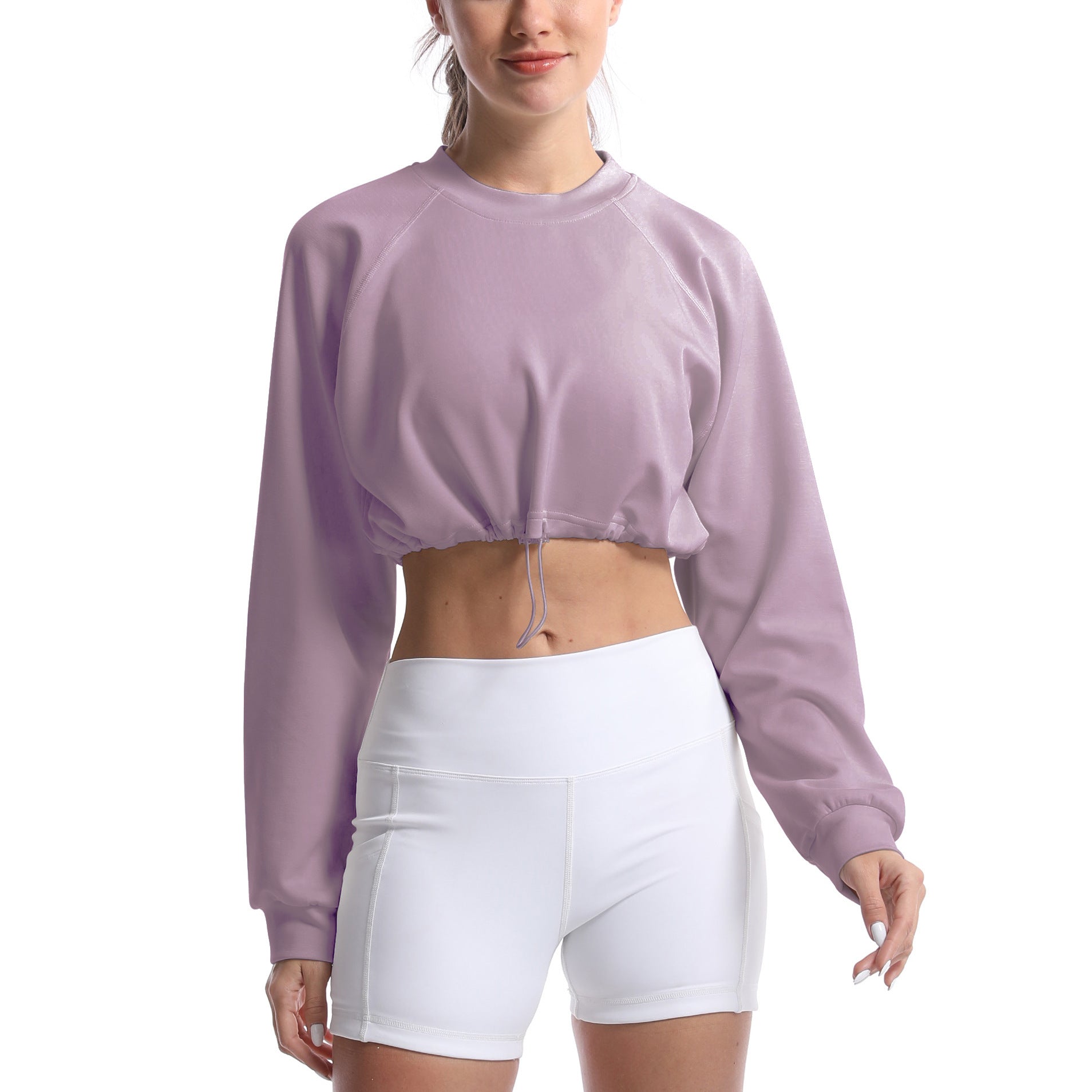 Women's sporty crop pullover with adjustable hem and long sleeves