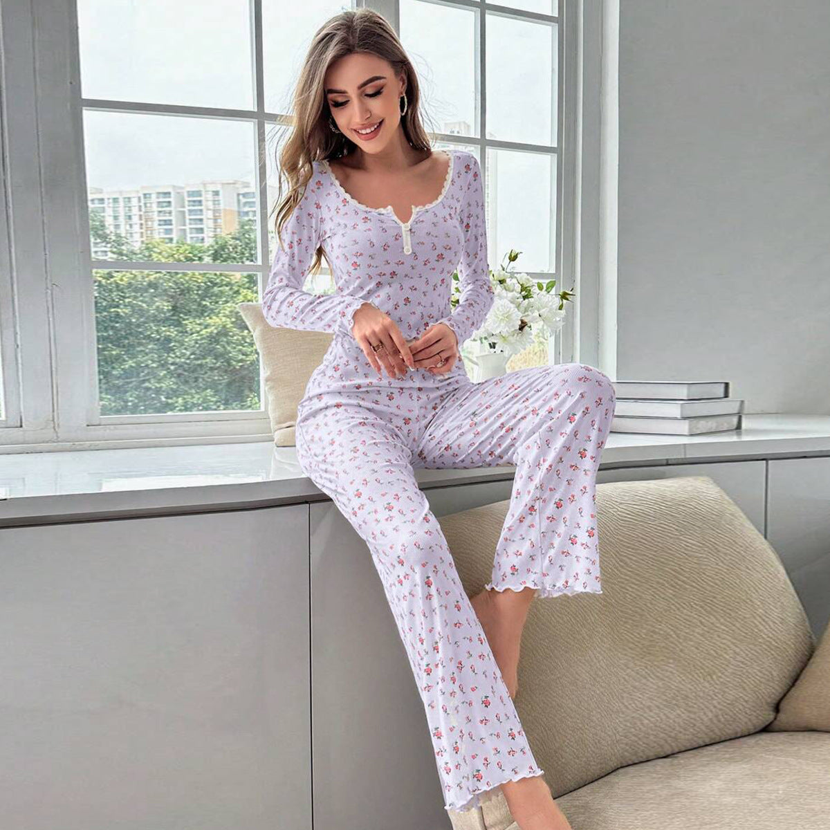 Women's Pajama Set with Lace Trim and Floral Design