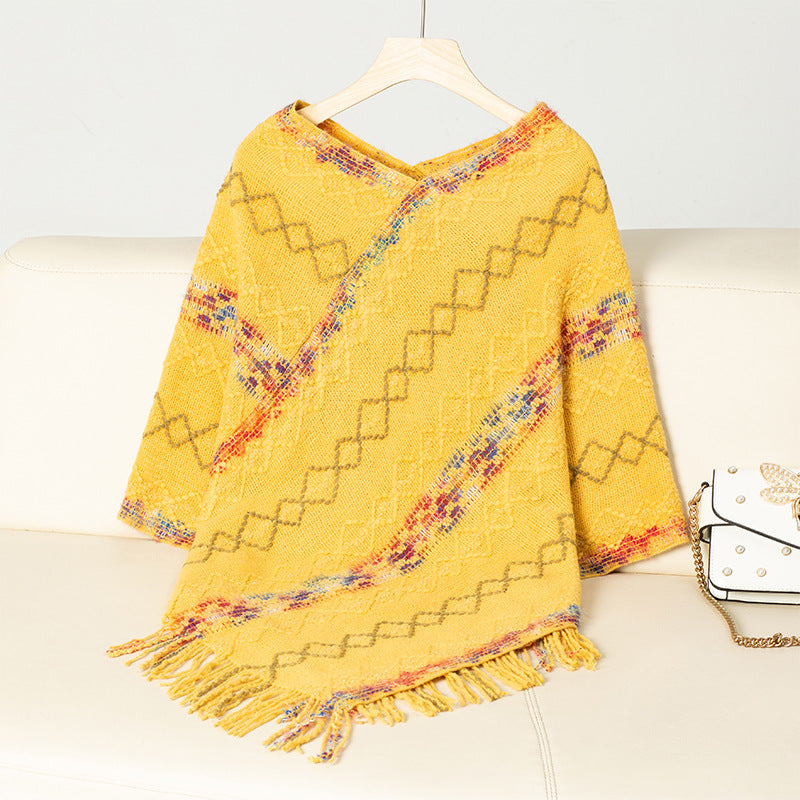 Ladies fashion wrap sweater with fringed hem and unique pattern