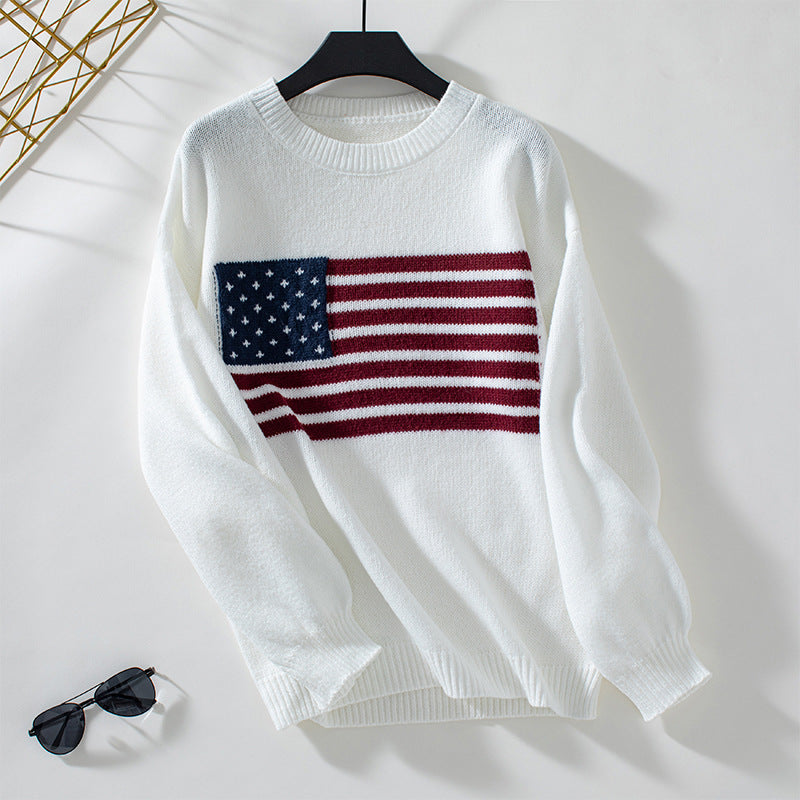 Ladies knit pullover with flag motif and round neckline