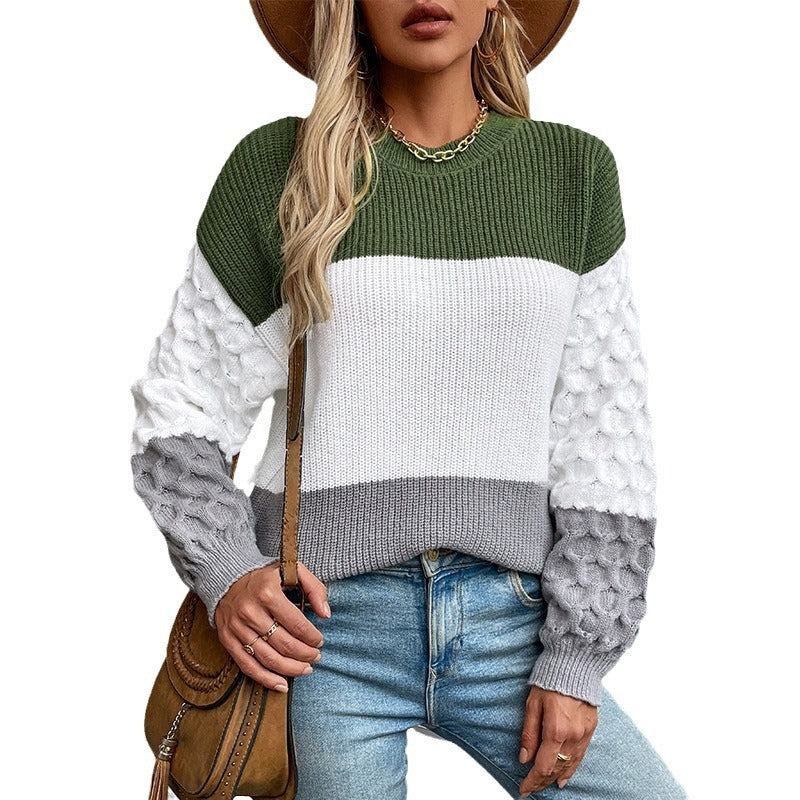 Women's fashionable pullover with textured sleeves and block stripes