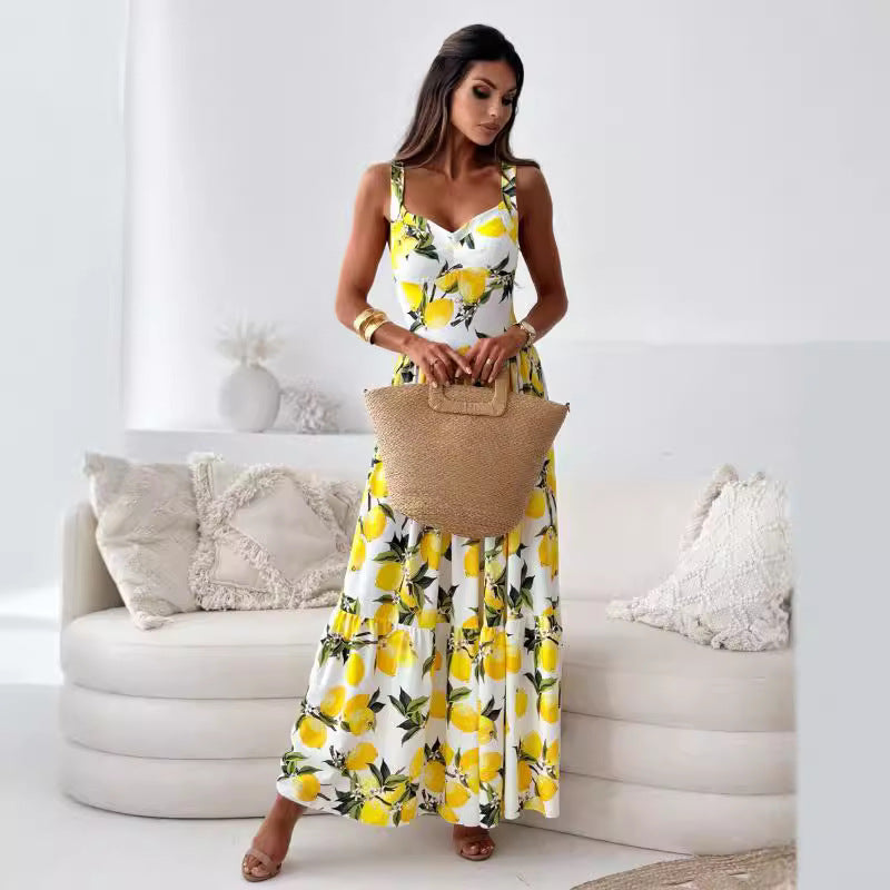 Printed Elastic Waistless Statement Maxi Dress